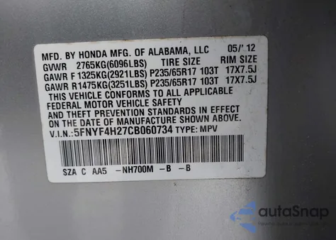2012 Honda Pilot Lx z USA, uszkodzony, nr VIN 5FNYF4H27CB060734